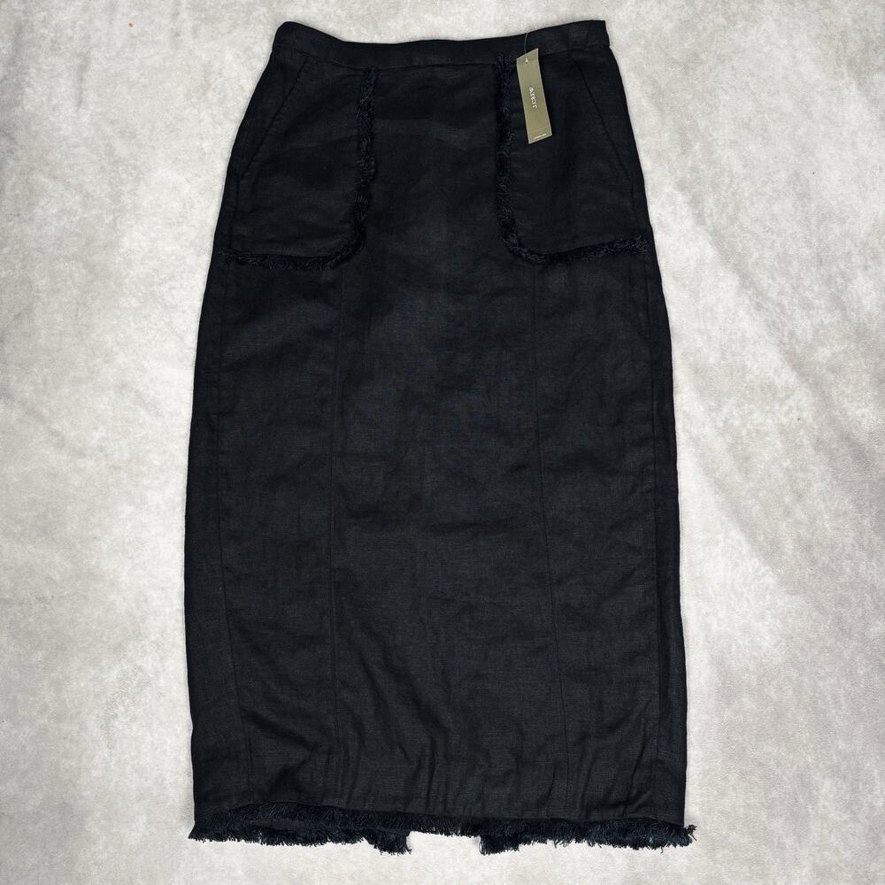 J Crew NWT Heavyweight Linen Midi Pencil Skirt Black Size 0 Fringe Pockets Lined